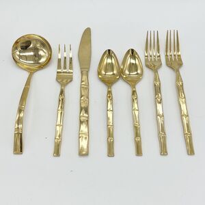 Lifetime Cutlery LC Stainless Gold Bamboo Design Flatware Lot Vintage 7 Pieces